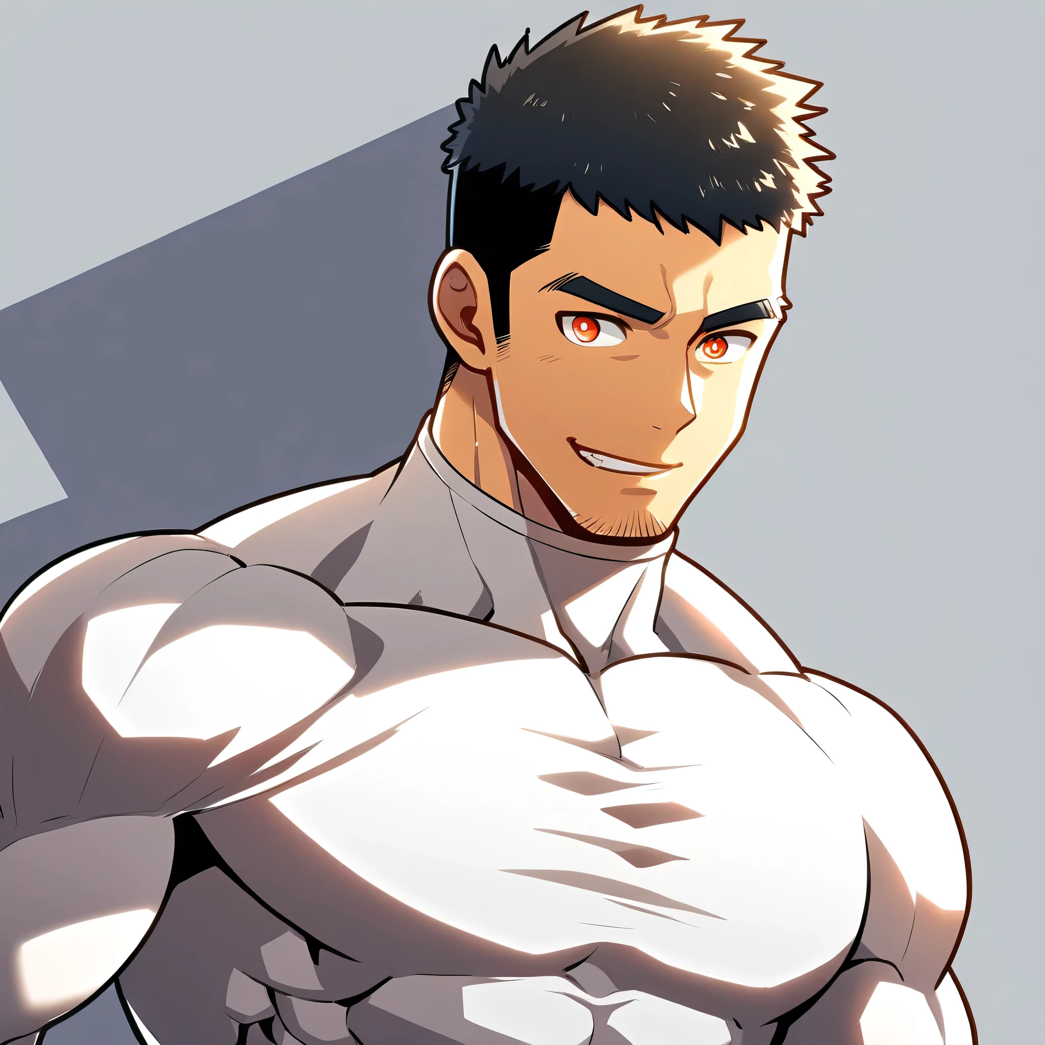 anime characters：Gyee, Muscle Sports Student, Manliness, male focus, Cute boy with big eyes, Mike White high collar long sleeve tight T-shirt, Slightly transparent material, Very tight, Round, full and perky chest muscles, Slightly transparent, muscular male, muscular, only, Upper body, alone, Black short hair, Thick eyebrows, stubble, Cute little eyes, Brown-red pupils, Grey background, simple background, amazing quality, best aesthetics, Ridiculous, crew cut, parted lips, seductive smile, torogao, naughty face, drop shadow, best quality