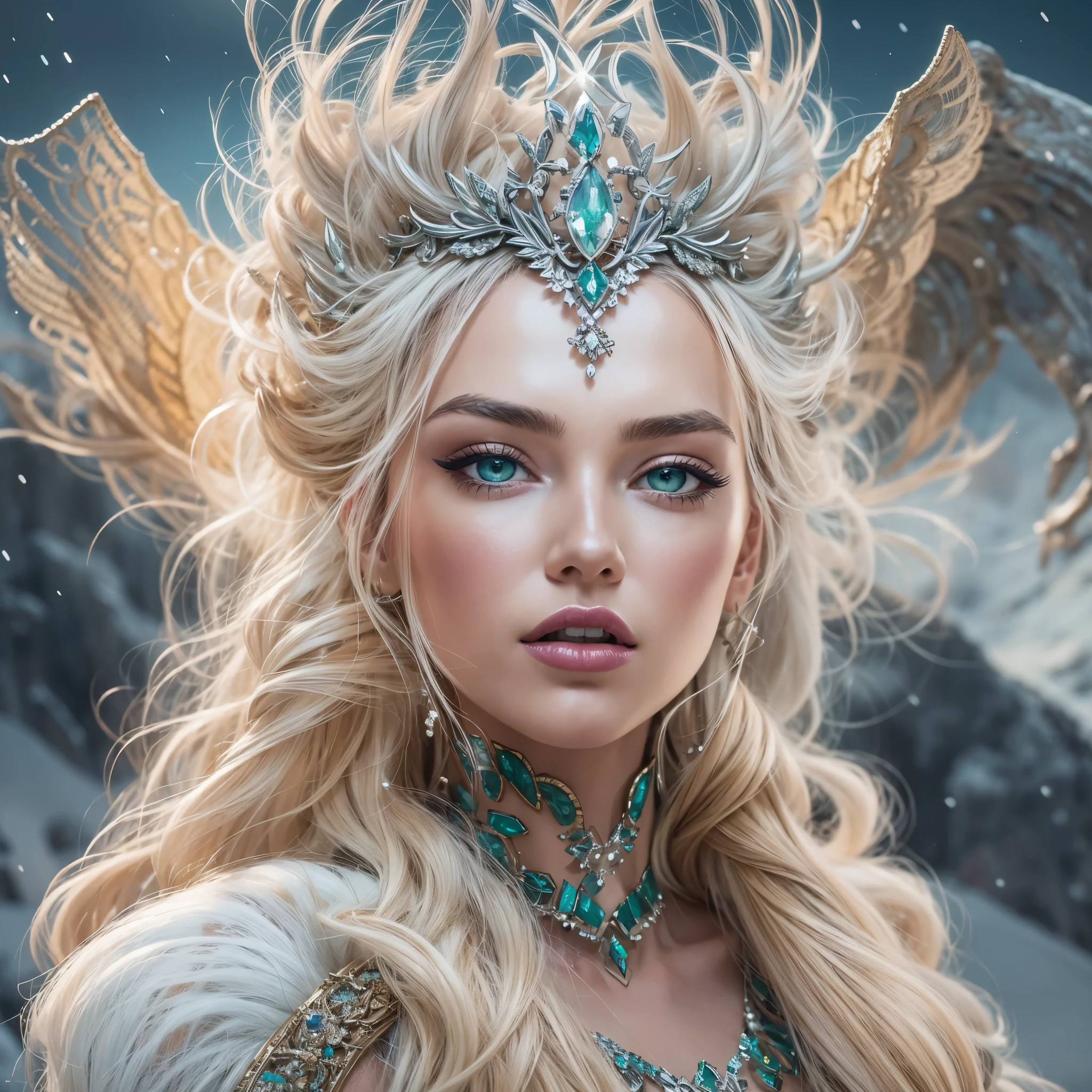 vintage style fantasy, masterpiece, magnificent art, best quality, 1girl, close-up girl nordic princess, Scandinavian mountains, winter weather, symmetrical and hyper detailed face, silky skin like peach silk, vibrant and aggressive green eyes, white and messy hair up to the waist, sculptural body, (sparks: 0.7), Adobe Illustration, Trand on Artstation, 8K, hd, UHD, cold and soft lighting, --q 500 --s 100, -