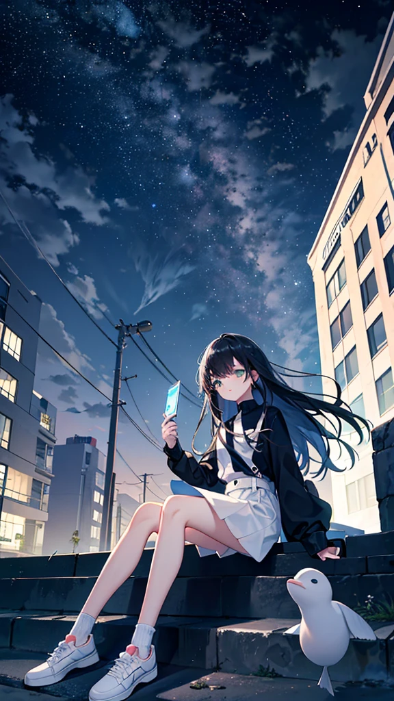 masterpiece, Exquisite detail,Highest quality, One girl, alone, handrail, cloud, Looking up at the buildings,Long Hair, NULL, Long sleeve, Power lines, White footwear, Black Hair, View your viewers, Electric pole, bangs, cloudy NULL, fish, bird, Green Eyes, Shorts, Day, Black Shirt, barefoot,Whale flying in the sky,Giant whale,night,star,milky way,night,Pitch black,Buildings,Sitting
