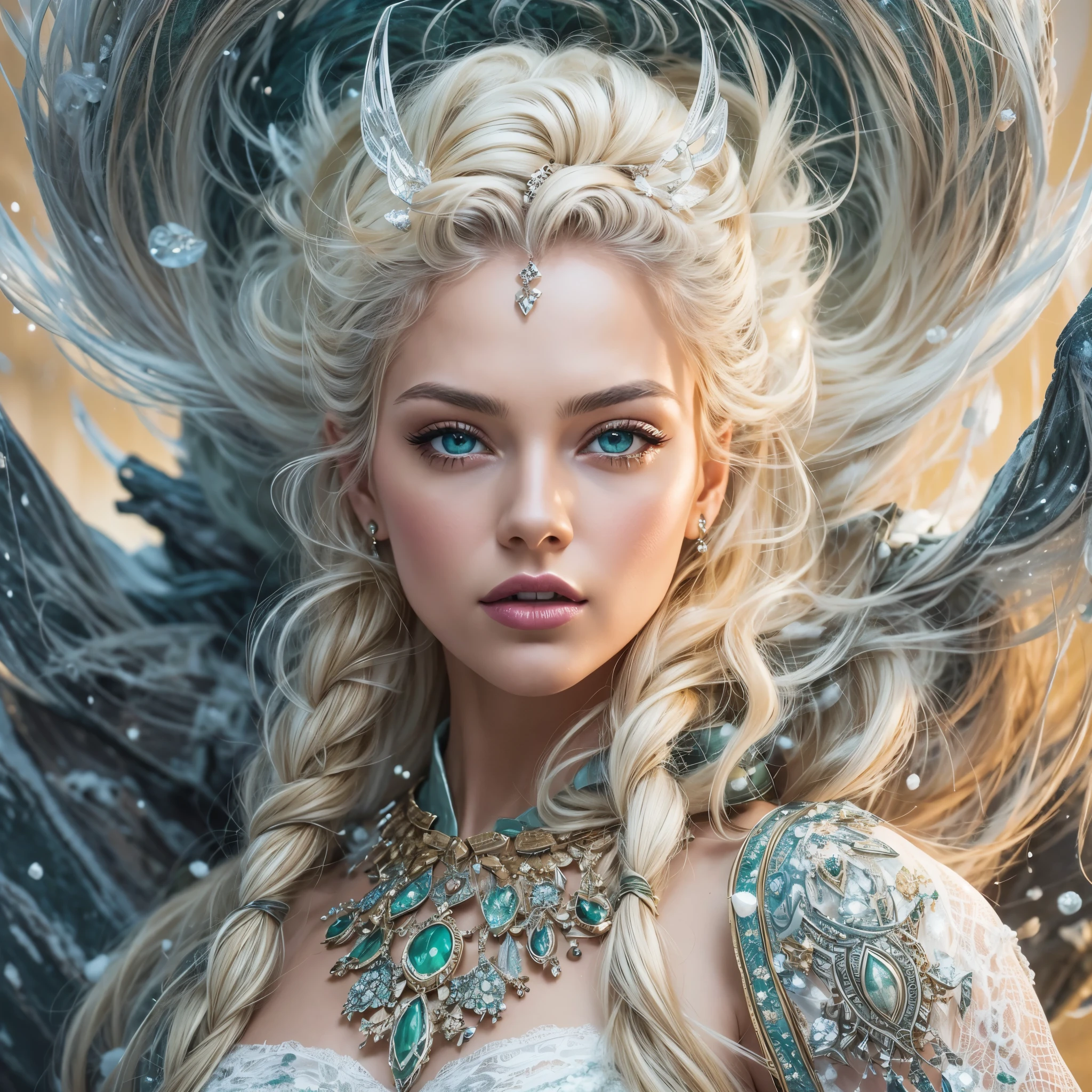 vintage style fantasy, masterpiece, magnificent art, best quality, 1girl, close-up girl nordic princess, Scandinavian mountains, winter weather, symmetrical and hyper detailed face, silky skin like peach silk, vibrant and aggressive green eyes, white and messy hair up to the waist, sculptural body, (sparks: 0.7), Adobe Illustration, Trand on Artstation, 8K, hd, UHD, cold and soft lighting, --q 500 --s 100, -