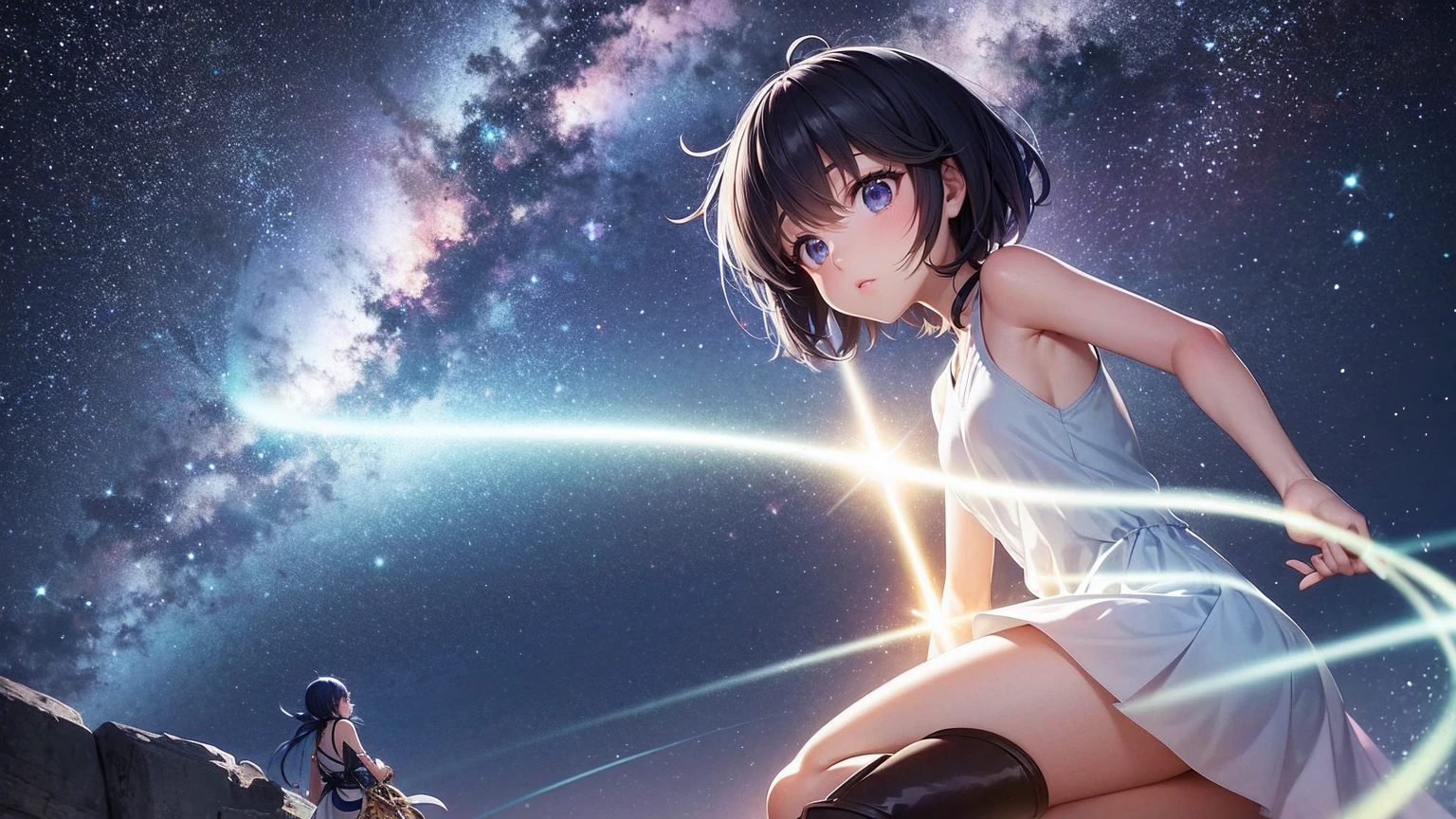 Create an anime-style illustration inspired by the song lyrics, depicting a cosmic journey and a quest for truth. The scene is set under a boundless night sky filled with countless stars, with a sense of infinite space. In the foreground, a young female protagonist with bright light blue short hair, dressed in a black tank top, loose blue jeans, and green sneakers, stands on a rocky outcrop. Her expression reflects determination and wonder as she gazes up at the star-filled sky. Beside her is another young woman with bright pink twin-tail hair, dressed in a long white dress and brown leather boots, holding a glowing ancient key, symbolizing the key to opening dimensional doors.
In the background, faint outlines of ancient ruins and a large, mystical doorway can be seen, hinting at hidden ancient wisdom. Ethereal light beams from the stars above illuminate their path, and fragments of memories are depicted as translucent, floating images around them.
The night sky is vibrant with hues of deep blues and purples, with a subtle aurora effect, creating a dreamlike atmosphere. The overall mood should convey a sense of adventure, cosmic mystery, and the eternal quest for truth, guided by the light of the stars.