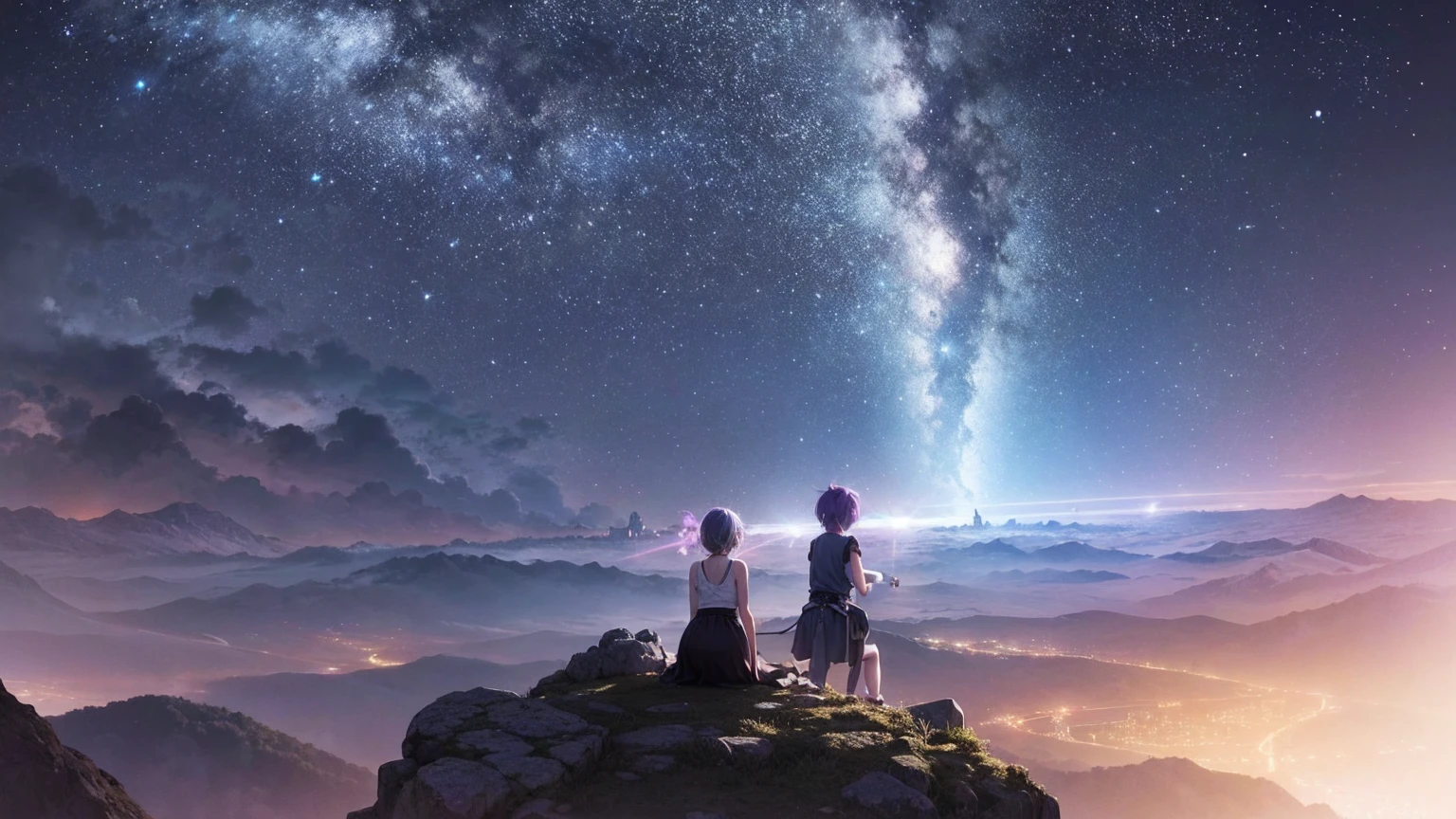 Create an anime-style illustration inspired by the song lyrics, depicting a cosmic journey and a quest for truth. The scene is set under a boundless night sky filled with countless stars, with a sense of infinite space. In the foreground, a young female protagonist with bright light blue short hair, dressed in a black tank top, loose blue jeans, and green sneakers, stands on a rocky outcrop. Her expression reflects determination and wonder as she gazes up at the star-filled sky. Beside her is another young woman with bright pink twin-tail hair, dressed in a long white dress and brown leather boots, holding a glowing ancient key, symbolizing the key to opening dimensional doors.
In the background, faint outlines of ancient ruins and a large, mystical doorway can be seen, hinting at hidden ancient wisdom. Ethereal light beams from the stars above illuminate their path, and fragments of memories are depicted as translucent, floating images around them.
The night sky is vibrant with hues of deep blues and purples, with a subtle aurora effect, creating a dreamlike atmosphere. The overall mood should convey a sense of adventure, cosmic mystery, and the eternal quest for truth, guided by the light of the stars.