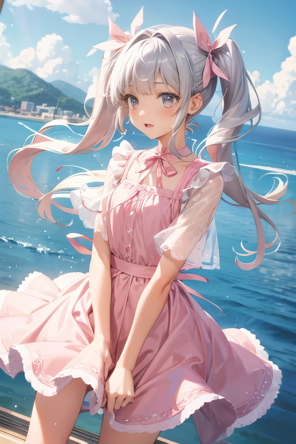 girl　long long silver twintails　Cute detailed face　Pink Short dress with big ribbon　 in summer  Skirts that flip in the wind　on yatch