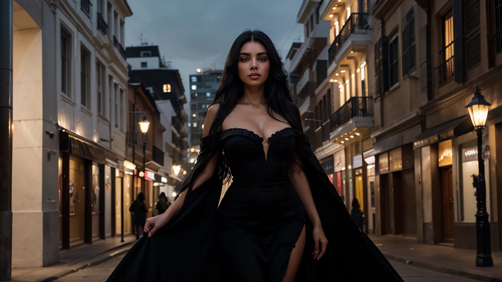 Photorealistic portrait of a beautiful Colombian model with long, thick black hair, wearing a luxurious evening dress with dramatic makeup, creating the effect of instant inspiration in an elegant urban atmosphere, full body, best quality, high resolution, extremely detailed, blurred background, depth of field, cinematic lighting,