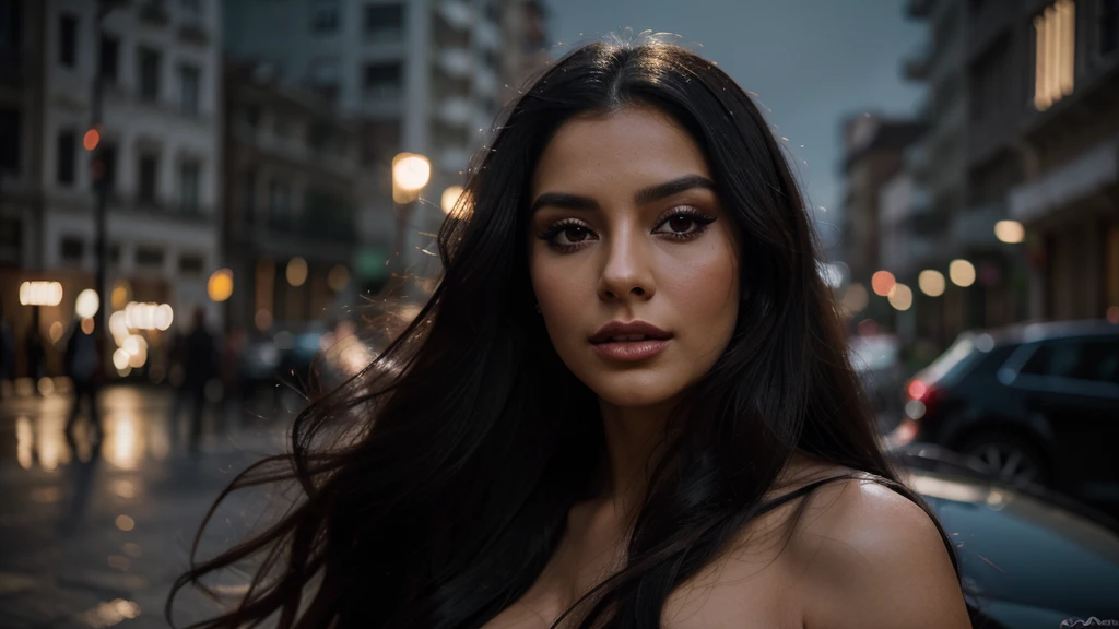 Photorealistic portrait of a beautiful Colombian model with long, thick black hair, wearing a luxurious evening dress with dramatic makeup, creating the effect of instant inspiration in an elegant urban atmosphere, full body, best quality, high resolution, extremely detailed, blurred background, depth of field, cinematic lighting,