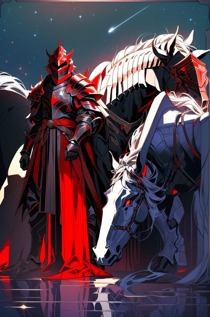 there is a drawing of a man standing next to a horse, draconic looking armor, black fire color reflected armor, space armor, black and reddish color armor, flowing robes and leather armor, silver armor and red clothing, face hidden by helmet armor