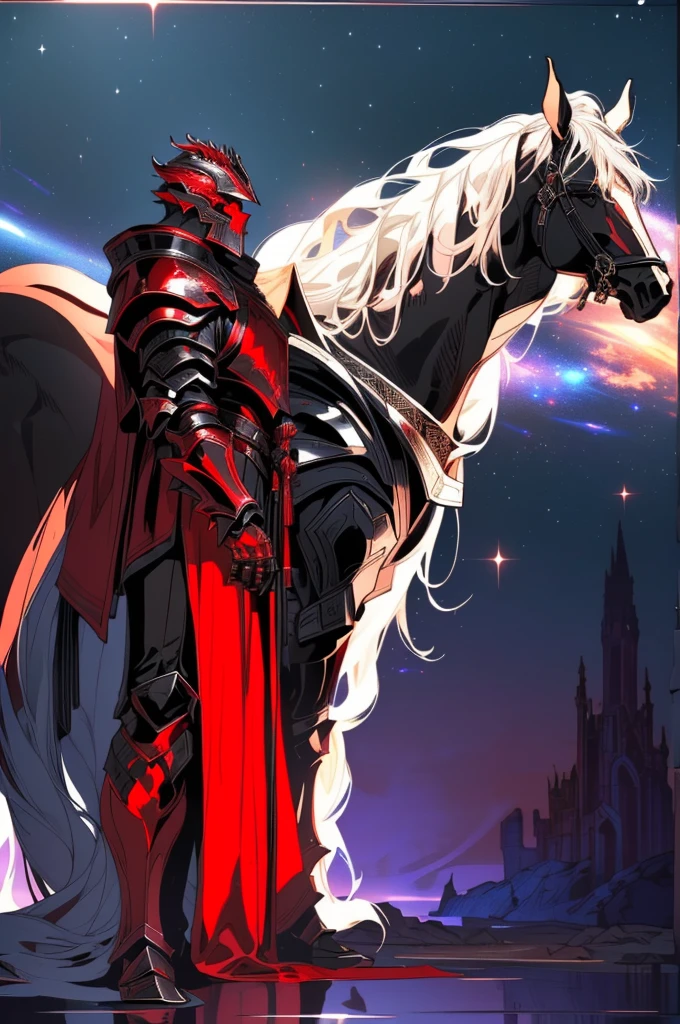 there is a drawing of a man standing next to a horse, draconic looking armor, black fire color reflected armor, space armor, black and reddish color armor, flowing robes and leather armor, silver armor and red clothing, face hidden by helmet armor