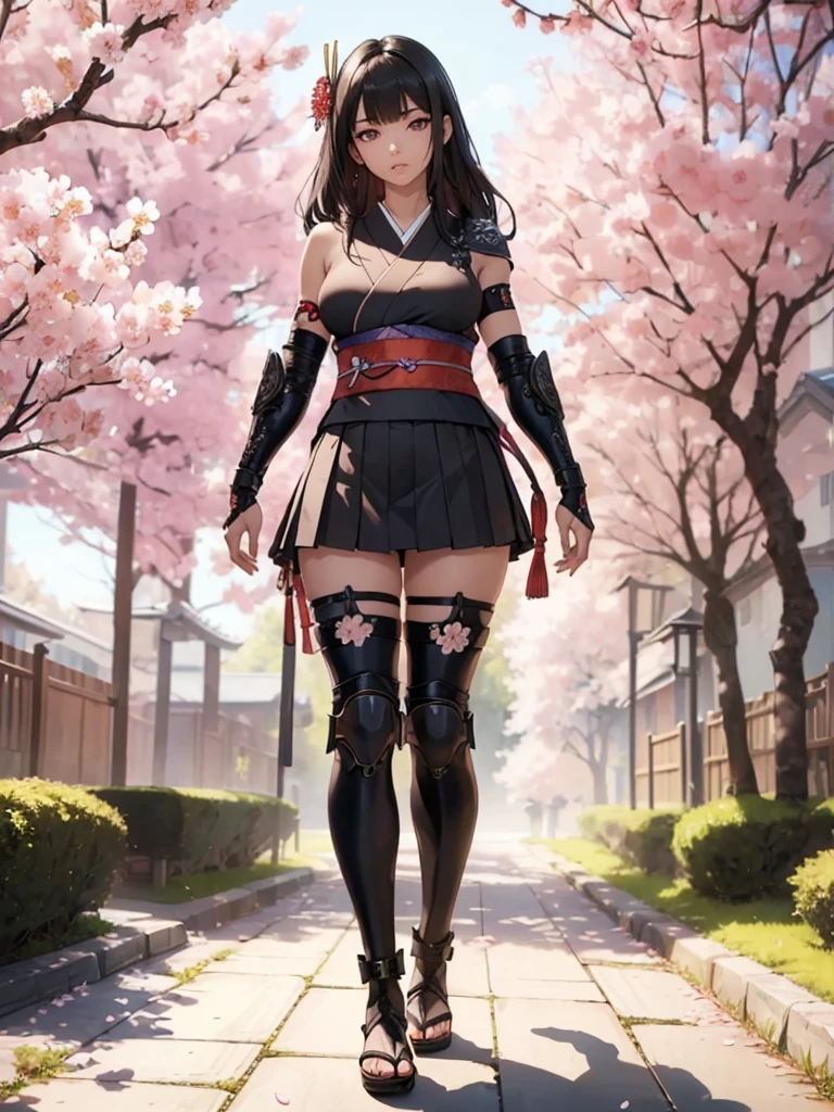 ((1girl, solo)), ((mature female)), beautiful body, (perfect anatomy, perfect body, perfect hands, perfect legs), (five fingers:1.5), natural proportions, sexy body, (((large breasts))), cowboy shot BREAK
((extremely detailed face)), (beautiful detailed eyes:1.6), (realistic pupils, realistic iris:1), expressive eyes, looking at viewer, (clear eyes:1.3), (hyperrealistic:1.2), (detailed skin texture:1.2), smooth skin, (black hair:1.5), (straight hair:1.5), (red eyes:1.3), long hair, (((bangs))), ((blunt bangs)), hair ornament, hair flower, (detailed lips:1.2), (attractive lips:1.1), (glossy lips:1.1), (parted lips), perfect face, perfect eyes, seductive look BREAK
Samurai, japanese clothes, (short kimono:1.5), sleeveless, elbow gloves, (arm guard:1.5), (micro mini skirt:1.5), pleated skirt, black skirt, zettai ryouiki, thighs, black thighhighs, (greaves:1.3), skindentation, tassel, shimenawa BREAK
Outdoors, day, (spring:1.3), (((cherry blossoms))), nature, ((trees)), forest, (((ancient japan))), medieval fantasy BREAK
(masterpiece:1.5), anime-style, top quality, best quality, (beautiful and aesthetic:1.2), (ultra detail:1.5), Ultra-detailed depiction, Ultra-precise depiction, extremely detailed 8k illustration, high resolution, (highly detailed shading:1.2), (realistic lighting:1.4), perfect lighting, vibrant colors, dynamic tones, striking hues, 8k, absurd resolution, perfect shadows, hdr, UHD, ambient lighting, realistic, ultra-realistic, photo realistic, highly detailed, rich detail, luminous colors, fine texture, intricate design, professional illustration, (soft light:1.2), (illustration:0.7)