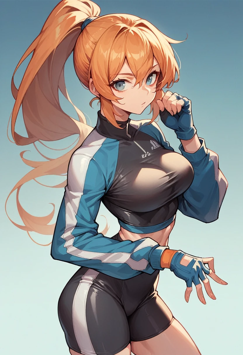 1girl, orange bike jersey, black bike shorts, ((tight jersey)), ((tight long sleeves)), blonde hair, fingerless blue gloves, ((tight gloves)), half body, gloves, orange hair, ponytail, standing, solo, looking at viewer
