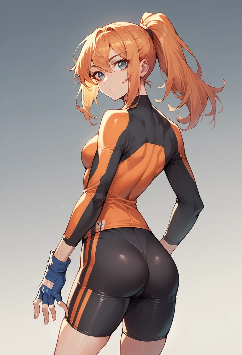 1girl, orange bike jersey, black bike shorts, ((tight jersey)), ((tight long sleeves)), blonde hair, fingerless blue gloves, ((tight gloves)), half body, gloves, orange hair, ponytail, standing, solo, looking at viewer