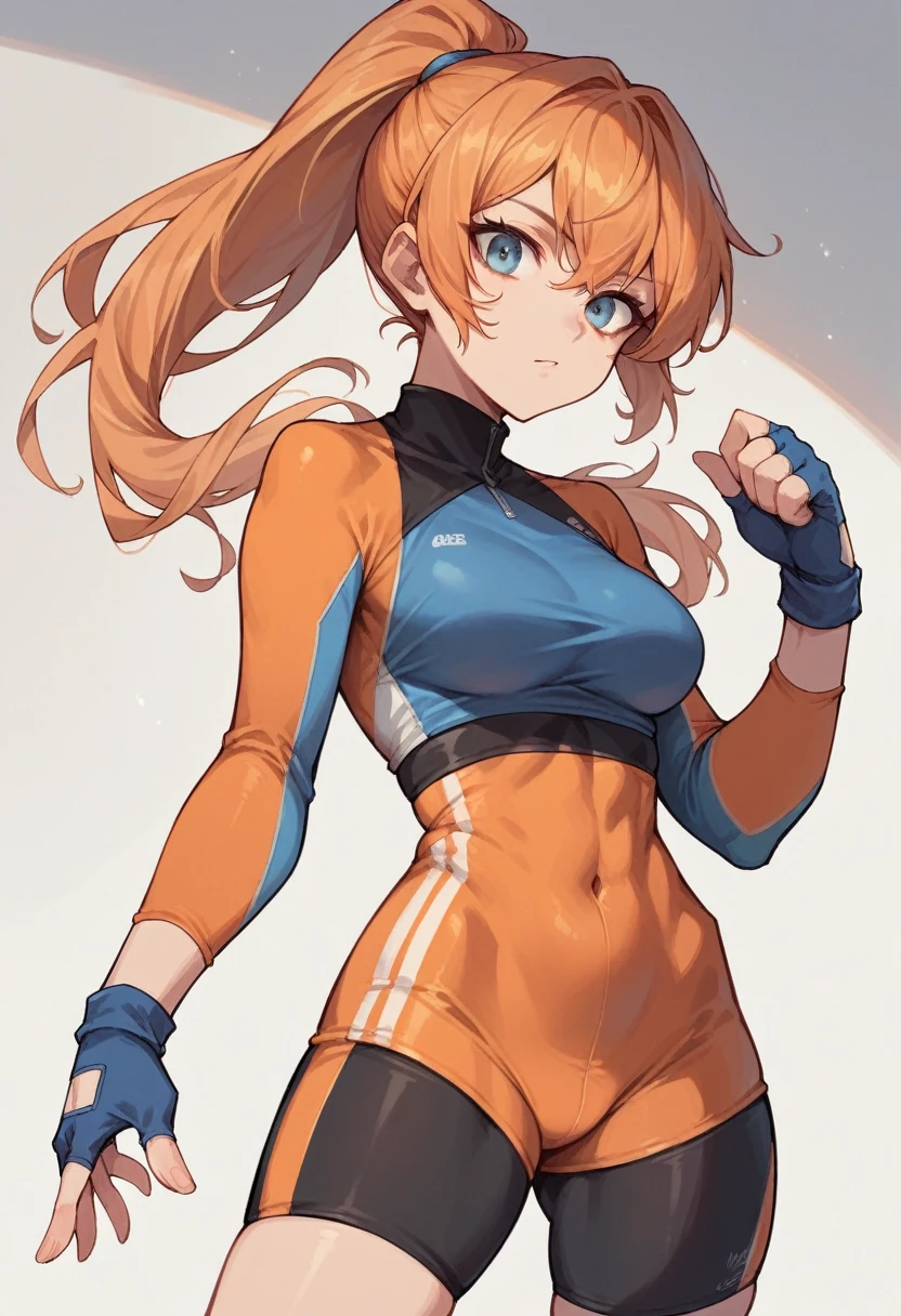 1girl, orange bike jersey, black bike shorts, ((tight jersey)), ((tight long sleeves)), blonde hair, fingerless blue gloves, ((tight gloves)), half body, gloves, orange hair, ponytail, standing, solo, looking at viewer
