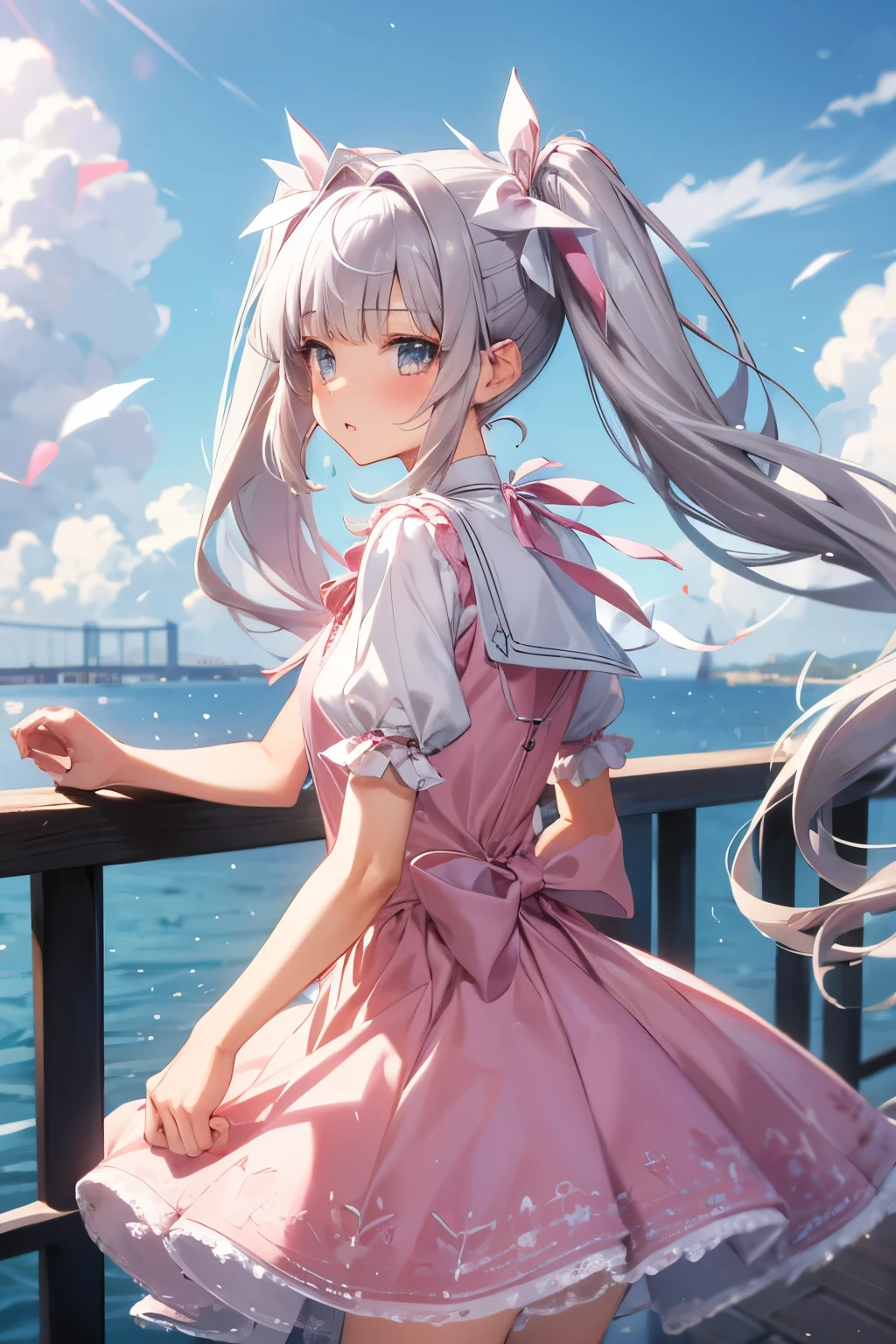 girl　long long silver twintails　Cute detailed face　Pink Short dress with big ribbon　 in summer  Skirts that flip in the wind　on yatch