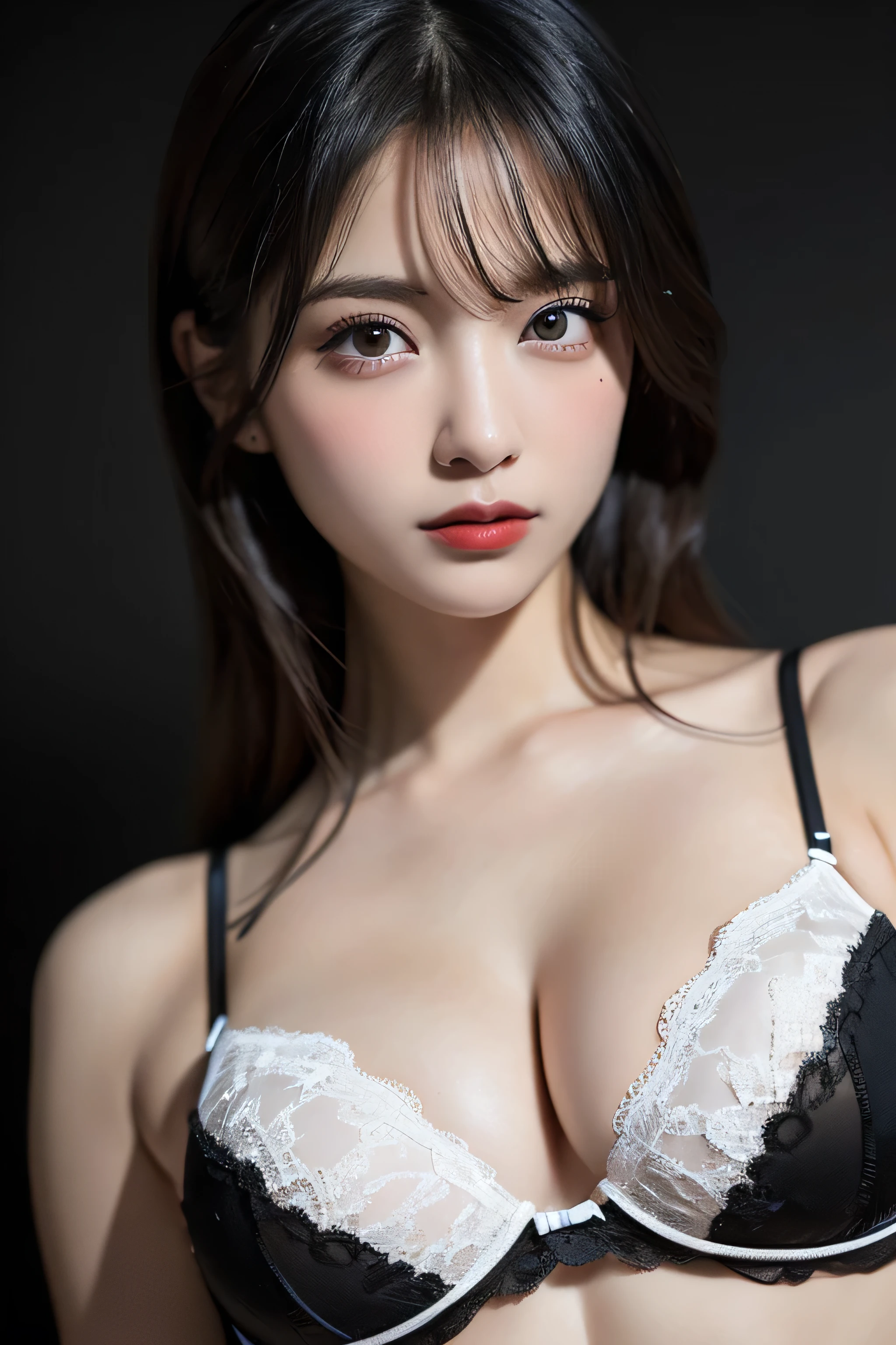 masutepiece, Best Quality, Illustration, Ultra-detailed, finedetail, hight resolution, 8K Wallpaper, Perfect dynamic composition, Beautiful detailed eyes,  Natural lips, (See-through White and Black Lingerie:1.5), Big breasts:1.5, cleavage, Slim Body:1.5