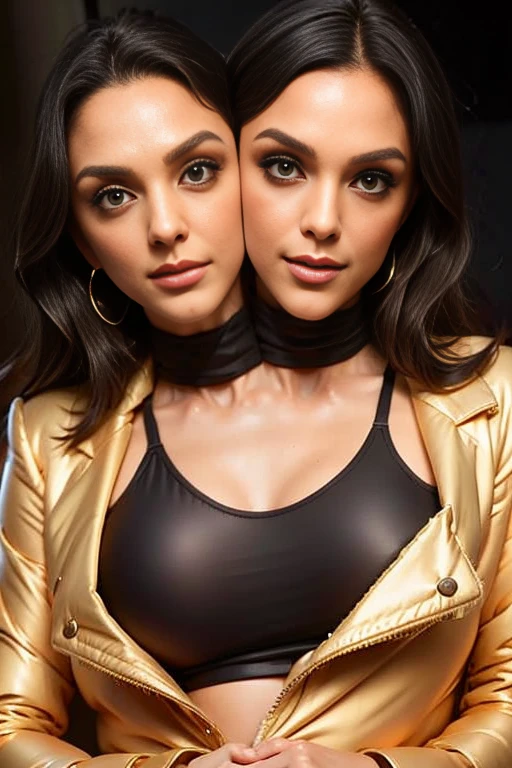 best resolution, 2 heads, two friends becoming conjoined, large neck space, stuck together , medium tied hair, winter jacket