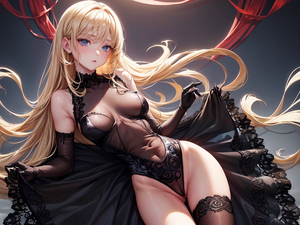 (depcit young ), (((elegant black lace leotard))), (((transparent))), topless, blond hair, long hair, straight hair, red roses, blue eyes, thin , small breasts, ni, open shoulders, (((open pussy))), (((show ))), shooting photasterpiece, Excellent, complex details), delicate girl, delicate face,