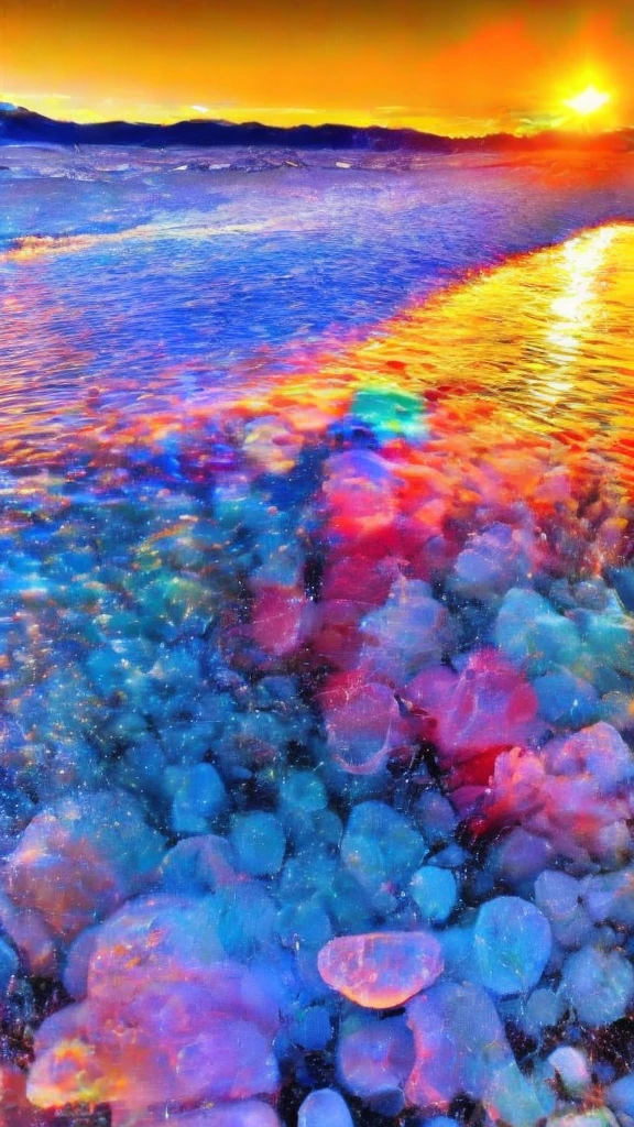 "Beautiful coast、Sunset、A fantastic landscape with colorful round and oval stones and marbles scattered around"