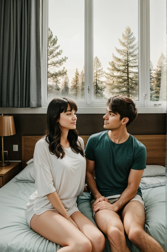 Husband and wife sitting on bed in there room in front of window with some trees around
