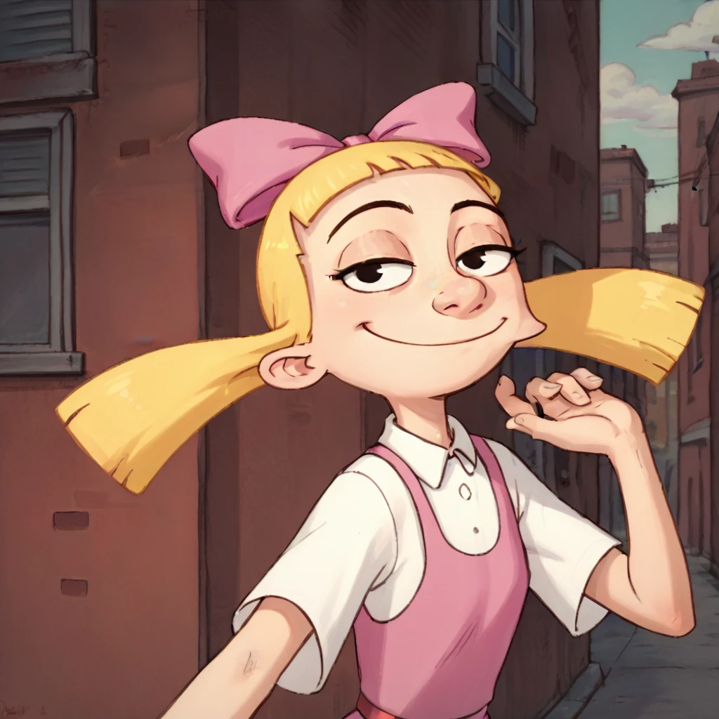 helga, solo, 1girl, blonde hair, floating hair, black eyes, twintails, monobrow, hair bow, pink dress, smile, simple background, looking at viewer, white shirt,outdoors,city, score_9, score_8_up, score_7_up, score_6_up