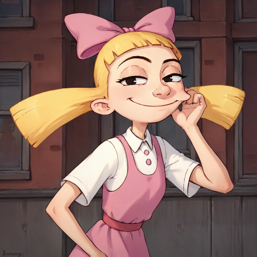 helga, solo, 1girl, blonde hair, floating hair, black eyes, twintails, monobrow, hair bow, pink dress, smile,  simple background, looking at viewer,  white shirt,outdoors,city,  score_9, score_8_up, score_7_up, score_6_up  