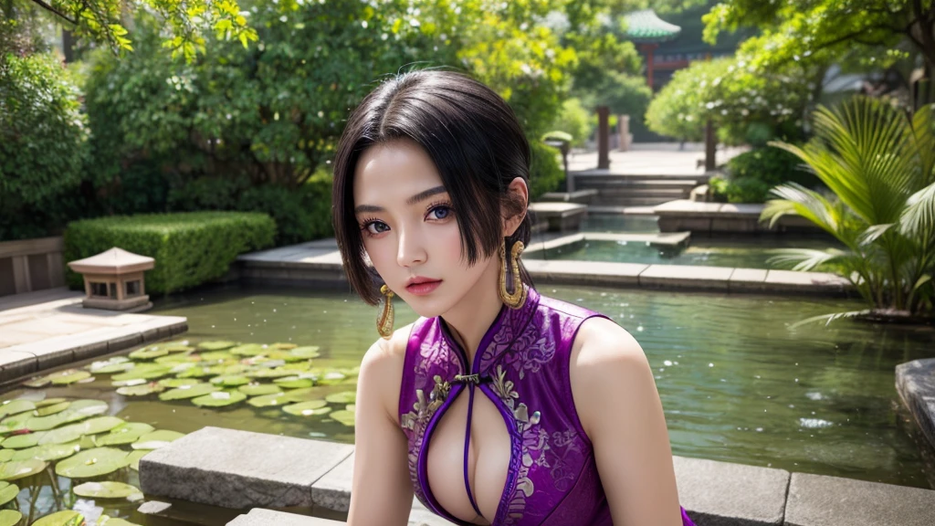 masterpiece, best quality, extremely detailed, hyperrealistic, photorealistic, a beautiful chinese model, ultra detailed face:1.2, plain purple sleeveless cheongsam:1.2, black hair, japanese style garden, fashion model posing, serene