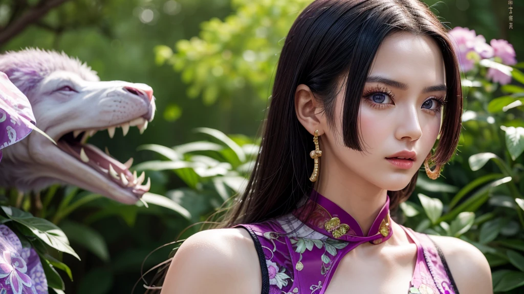 masterpiece, best quality, extremely detailed, hyperrealistic, photorealistic, a beautiful chinese model, ultra detailed face:1.2, plain purple sleeveless cheongsam:1.2, black hair, japanese style garden, fashion model posing, serene
