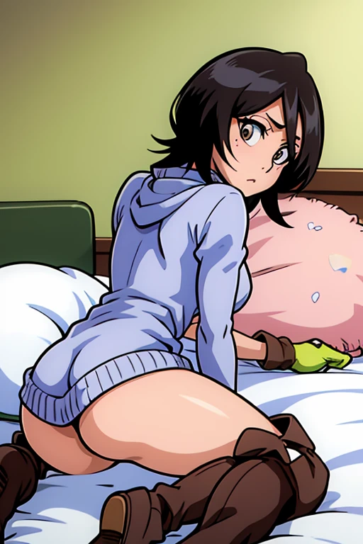 tennis girl's massive rear butt cheeks out of bottomless slutty mini sweater out bare and brown boots, showing her butt, lying down, on bed, wearing oven mittens under big pillow, blindfold