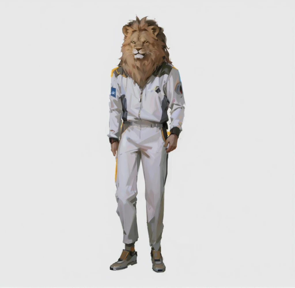 Arafed wearing a lion mask stands in Racing Suit, 2D lion in full growth, Using the Dead Lion Costume Jacket, The body of a lion, Focus on the anti-overload flight suit, complete whole The body of a lion, Robot Lion, 2013, 2 0 1 4, 2014, 2015, 2 0 1 5, whole body in a suit
