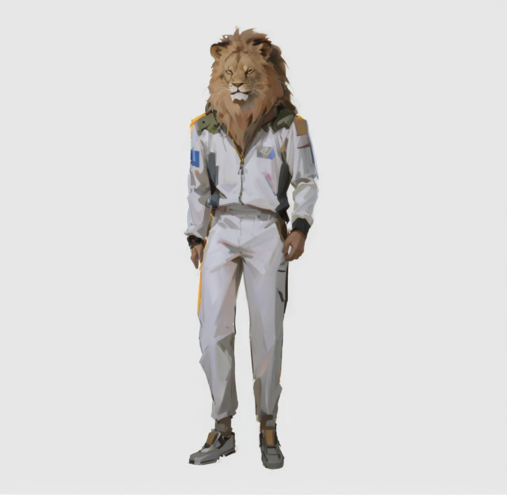 Arafed wearing a lion mask stands in Racing Suit, 2D lion in full growth, Using the Dead Lion Costume Jacket, The body of a lion, Focus on the anti-overload flight suit, complete whole The body of a lion, Robot Lion, 2013, 2 0 1 4, 2014, 2015, 2 0 1 5, whole body in a suit