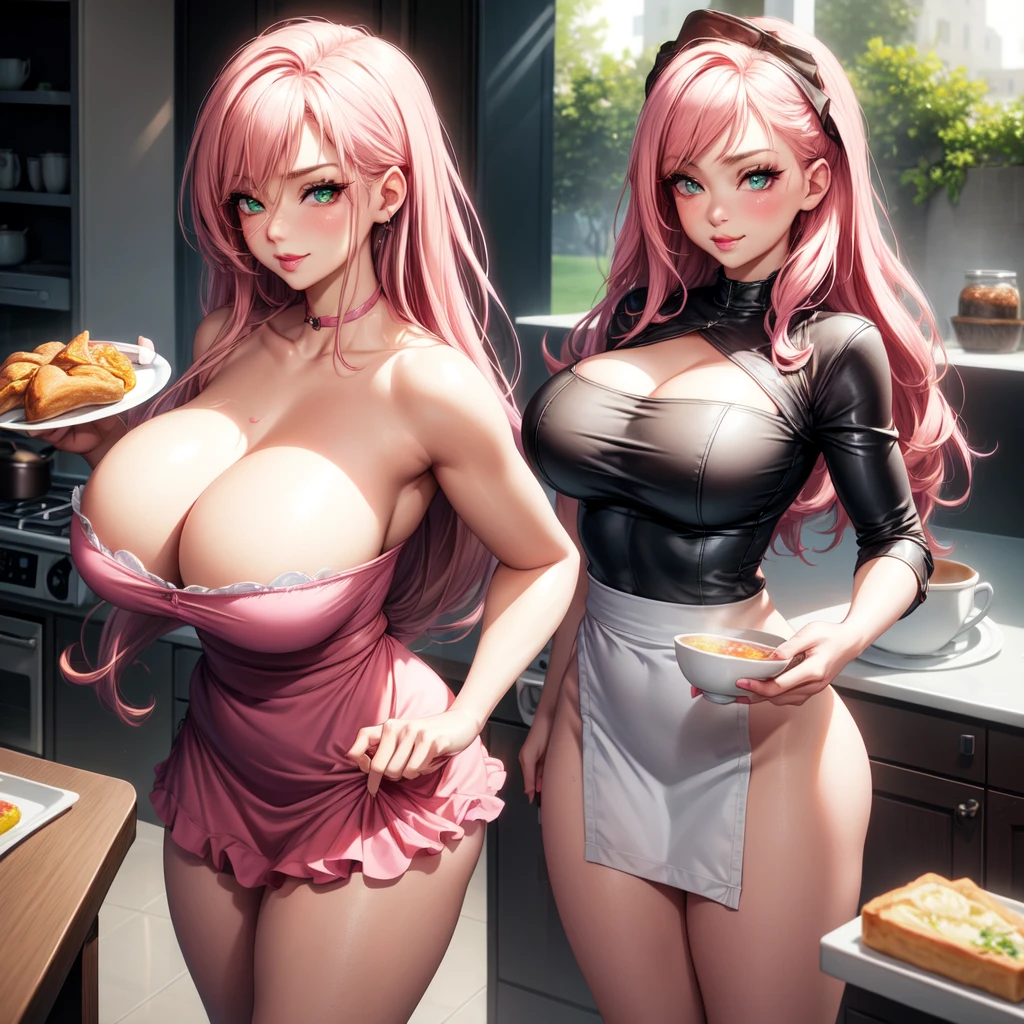 ((1 girls), solo, clevage, Big round breasts, trendy, stylish, clevage, thighs, hips, realistic, pink hair, blonde hair, light green eyes, lip gloss, detailed face, amazing big eyes, eye details, big lips, eyebrow details, blush, smirk, naughty, mischevious face, HD, good quality, thick thighs, attractive, kitchen, breakfast