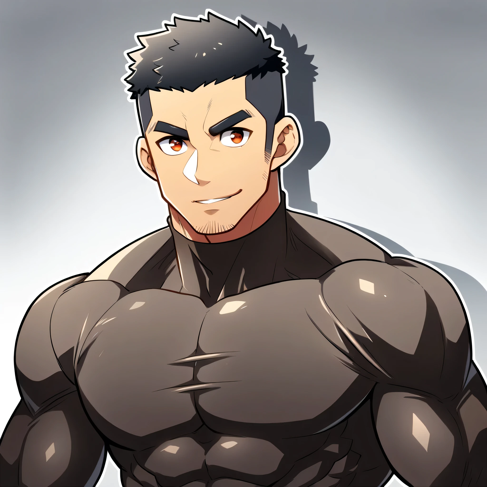 anime characters:Gyee, Muscle Sports Student, Manliness, male focus, Cute boy with big eyes, Brown high collar long sleeve tight T-shirt, Slightly transparent material, Very tight, Round, full and perky chest muscles, Slightly transparent, muscular male, muscular, only, Upper body, alone, Black short hair, Thick eyebrows, stubble, Cute little eyes, Brown-red pupils, Grey background, simple background, amazing quality, best aesthetics, Ridiculous, crew cut, parted lips, seductive smile, torogao, naughty face, drop shadow, best quality