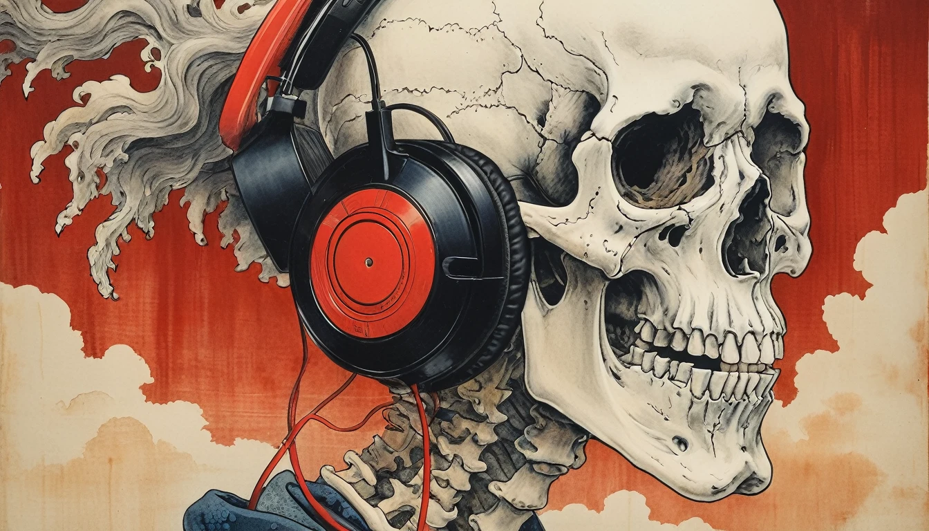 (((Katsushika Hokusai))), ((The left half of the face is a skeleton)), Red ribbon on head, Japanese pattern headphones, straighthair, Horror elements