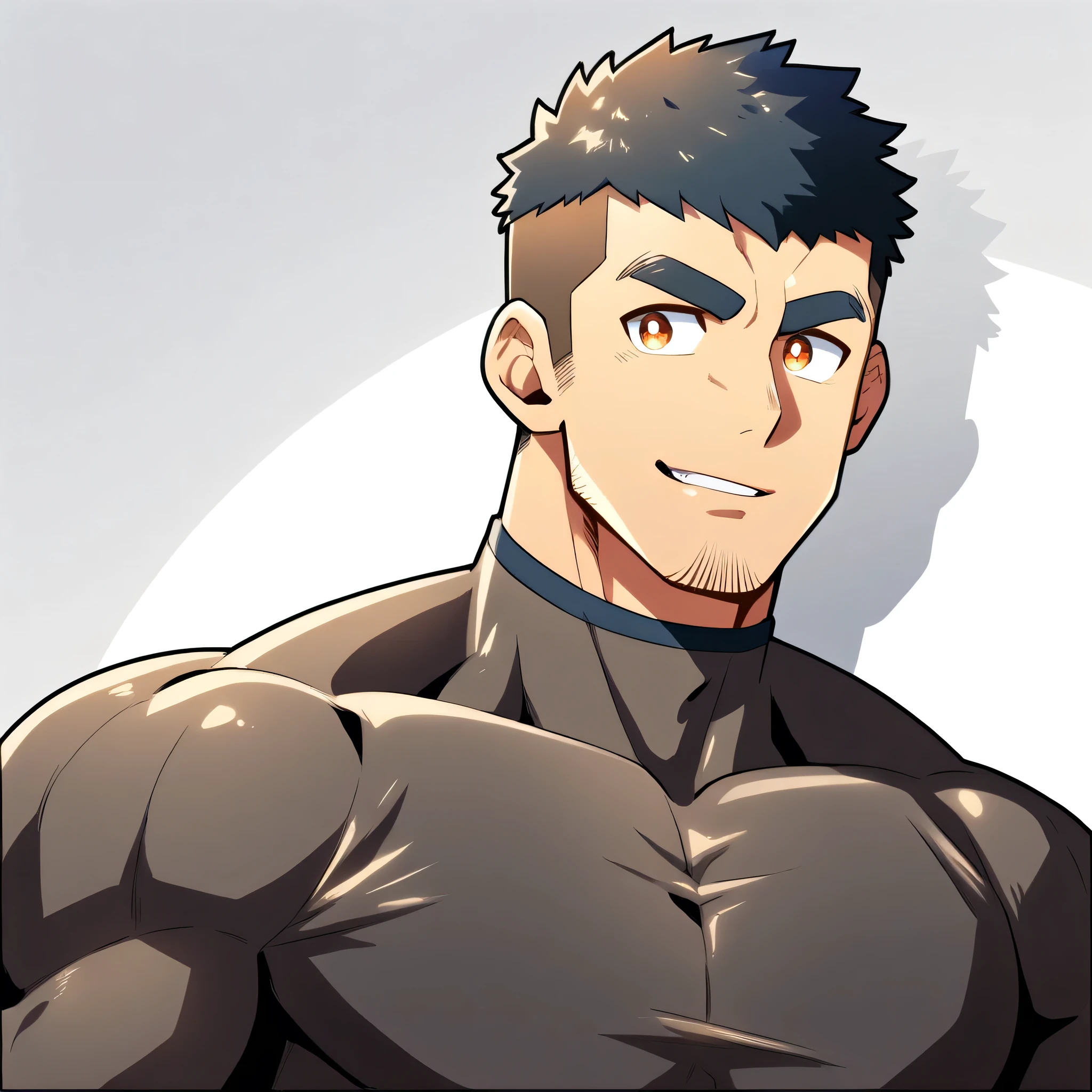 anime characters:Gyee, Muscle Sports Student, Manliness, male focus, Cute boy with big eyes, Brown high collar long sleeve tight T-shirt, Slightly transparent material, Very tight, Round, full and perky chest muscles, Slightly transparent, muscular male, muscular, only, Upper body, alone, Black short hair, Thick eyebrows, stubble, Cute little eyes, Brown-red pupils, Grey background, simple background, amazing quality, best aesthetics, Ridiculous, crew cut, parted lips, seductive smile, torogao, naughty face, drop shadow, best quality