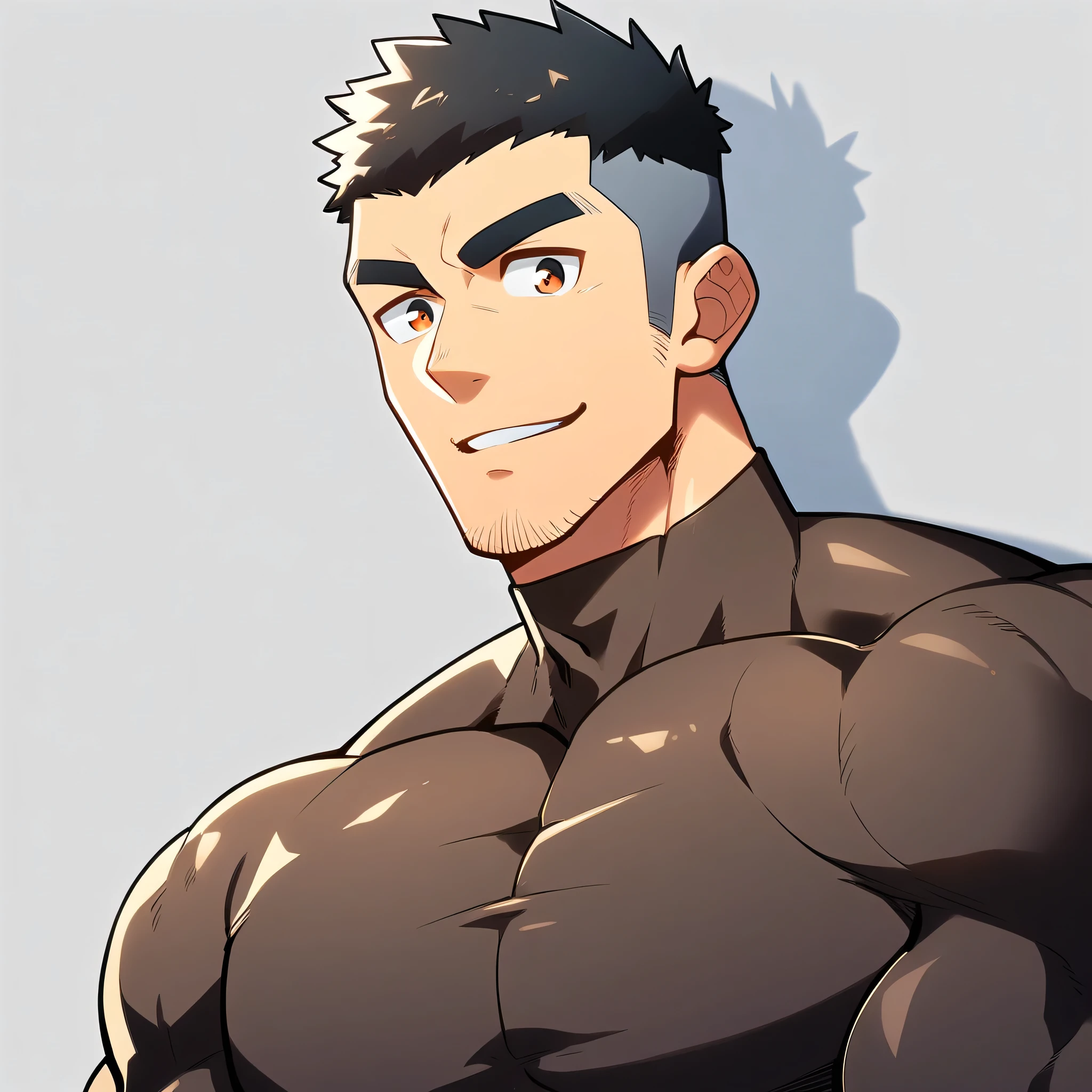 anime characters:Gyee, Muscle Sports Student, Manliness, male focus, Cute boy with big eyes, Brown high collar long sleeve tight T-shirt, Slightly transparent material, Very tight, Round, full and perky chest muscles, Slightly transparent, muscular male, muscular, only, Upper body, alone, Black short hair, Thick eyebrows, stubble, Cute little eyes, Brown-red pupils, Grey background, simple background, amazing quality, best aesthetics, Ridiculous, crew cut, parted lips, seductive smile, torogao, naughty face, drop shadow, best quality