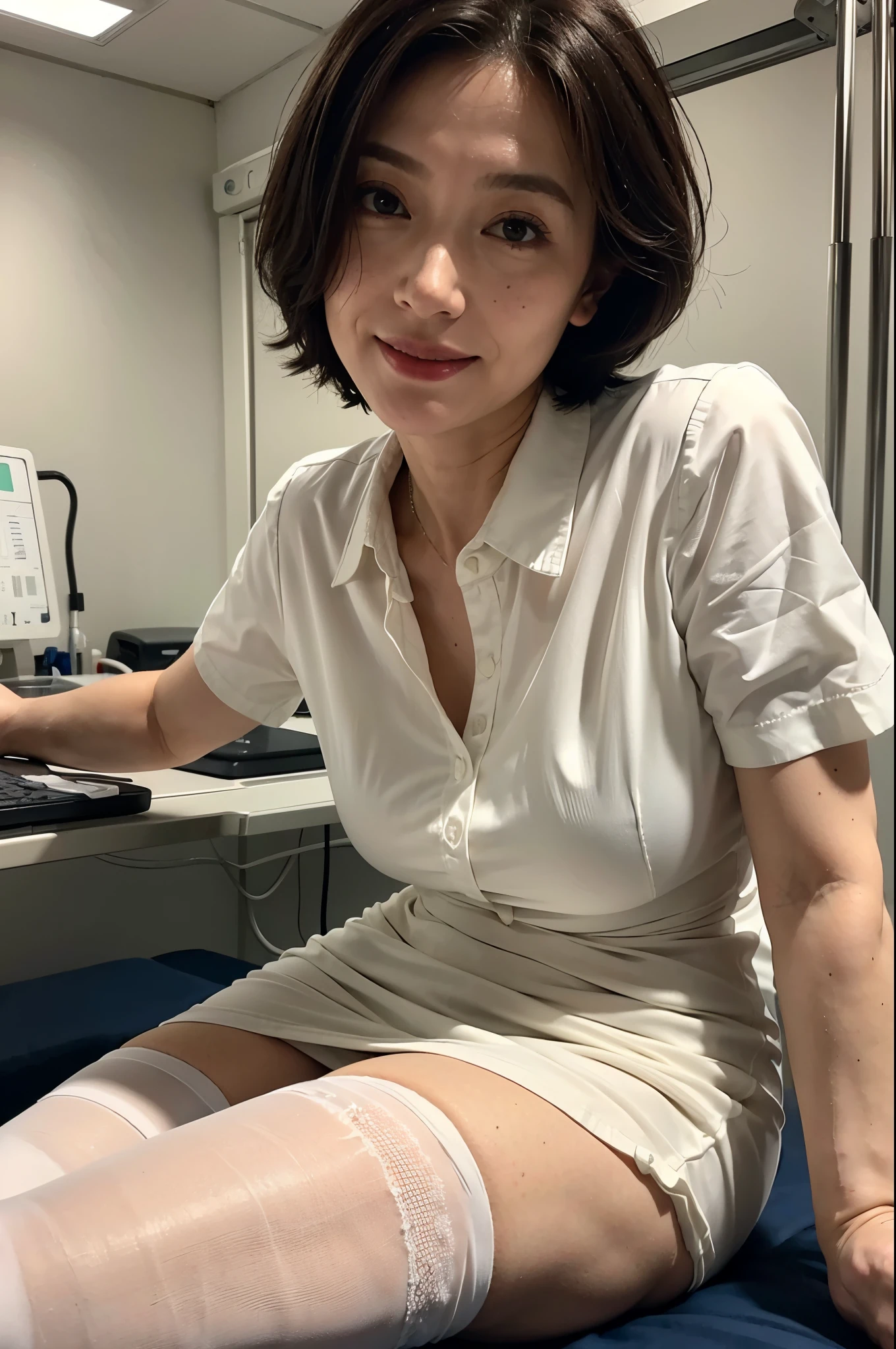 (masterpiece:1.4),(Female, 65 years old:1.5),(Facial wrinkles:1.2), (short hair : 1), A kind smile,Maternal, (mature woman : 1.1), old, elderly, {(nurse), (thigh-high white nylon tights : 1.2), (long-length dress : 1), (breast pocket : 1), (collared dress:1.1), (short sleeves), (white dress), (white sandals)}, freckled skin, pale skin, in the hospital, operating room, hospital bed