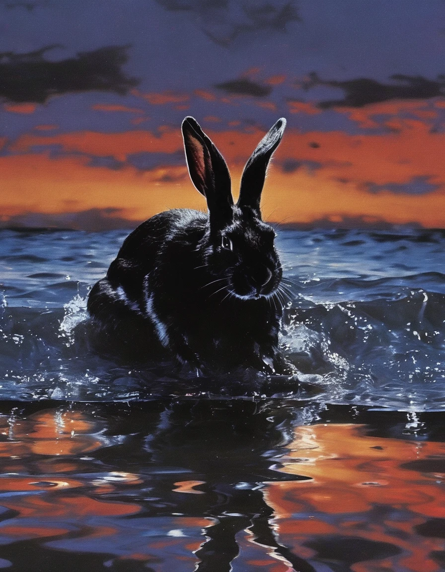 rabbit in water, sunset background