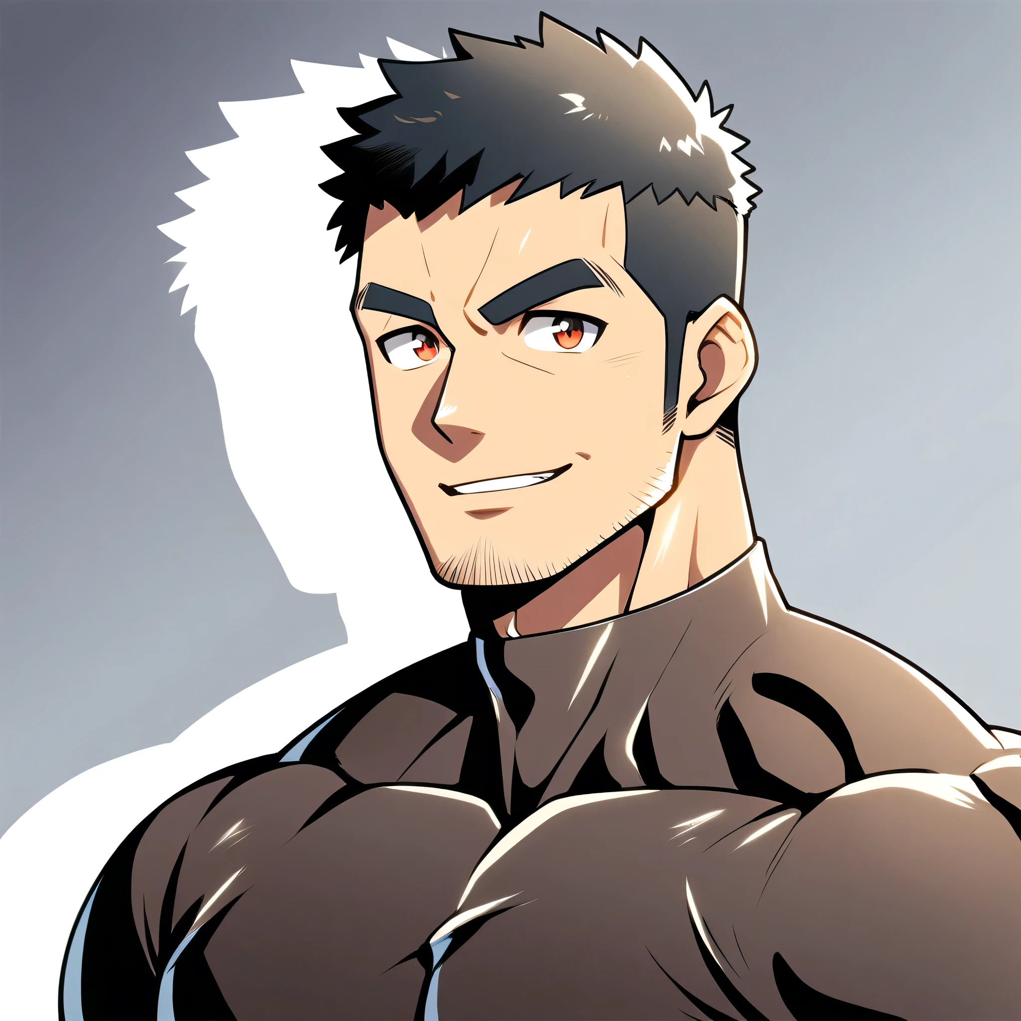 anime characters:Gyee, Muscle Sports Student, Manliness, male focus, Cute boy with big eyes, Brown high collar long sleeve tight T-shirt, Slightly transparent material, Very tight, Round, full and perky chest muscles, Slightly transparent, muscular male, muscular, only, Upper body, alone, Black short hair, Thick eyebrows, stubble, Cute little eyes, Brown-red pupils, Grey background, simple background, amazing quality, best aesthetics, Ridiculous, crew cut, parted lips, seductive smile, torogao, naughty face, drop shadow, best quality