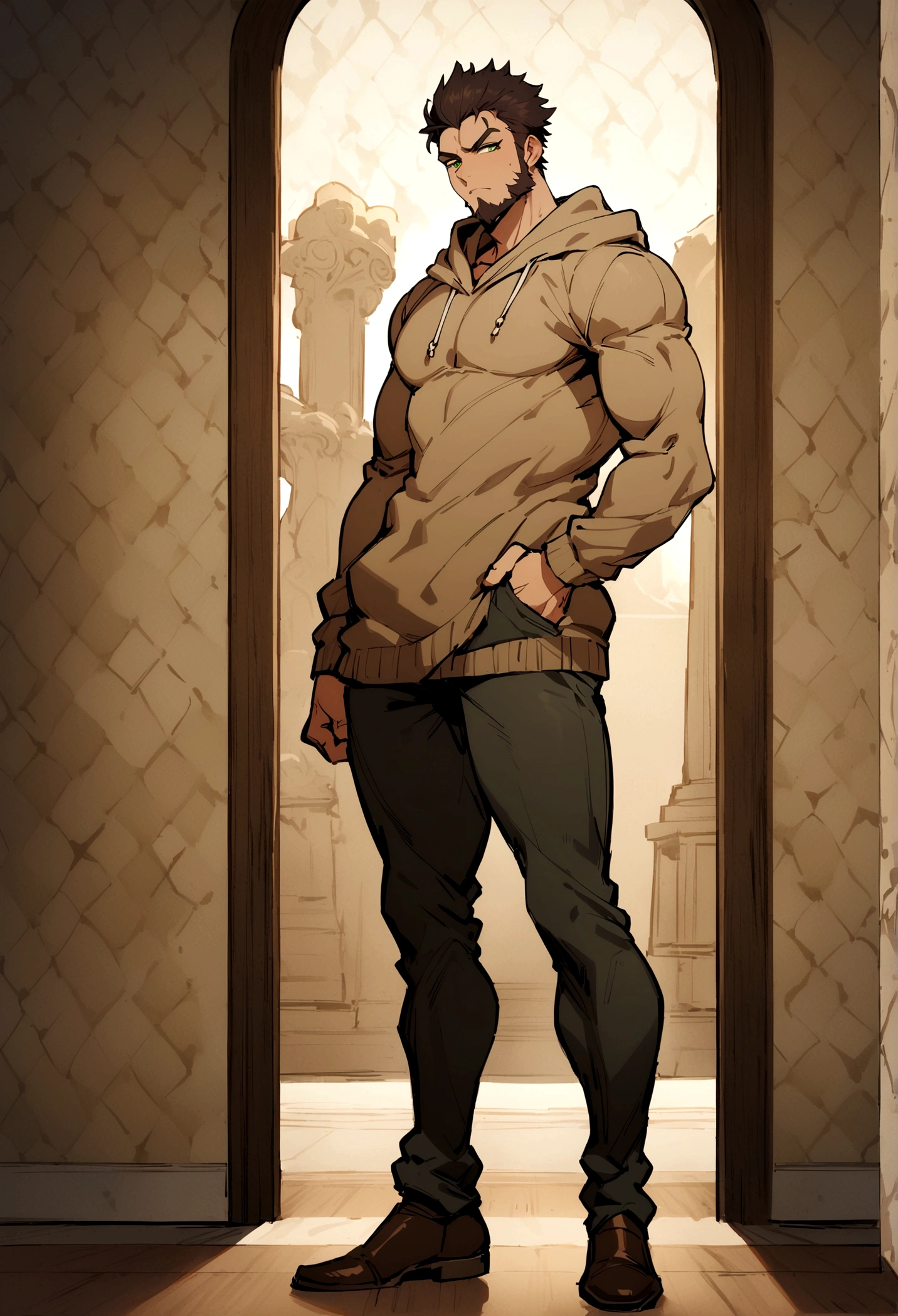 fullbody,masterpiece,standing,light brown hoodie,dark brown unruly short hair,green eyes, bangs,adult,1boy,solo,light stuble,slight beard,slim,muscular