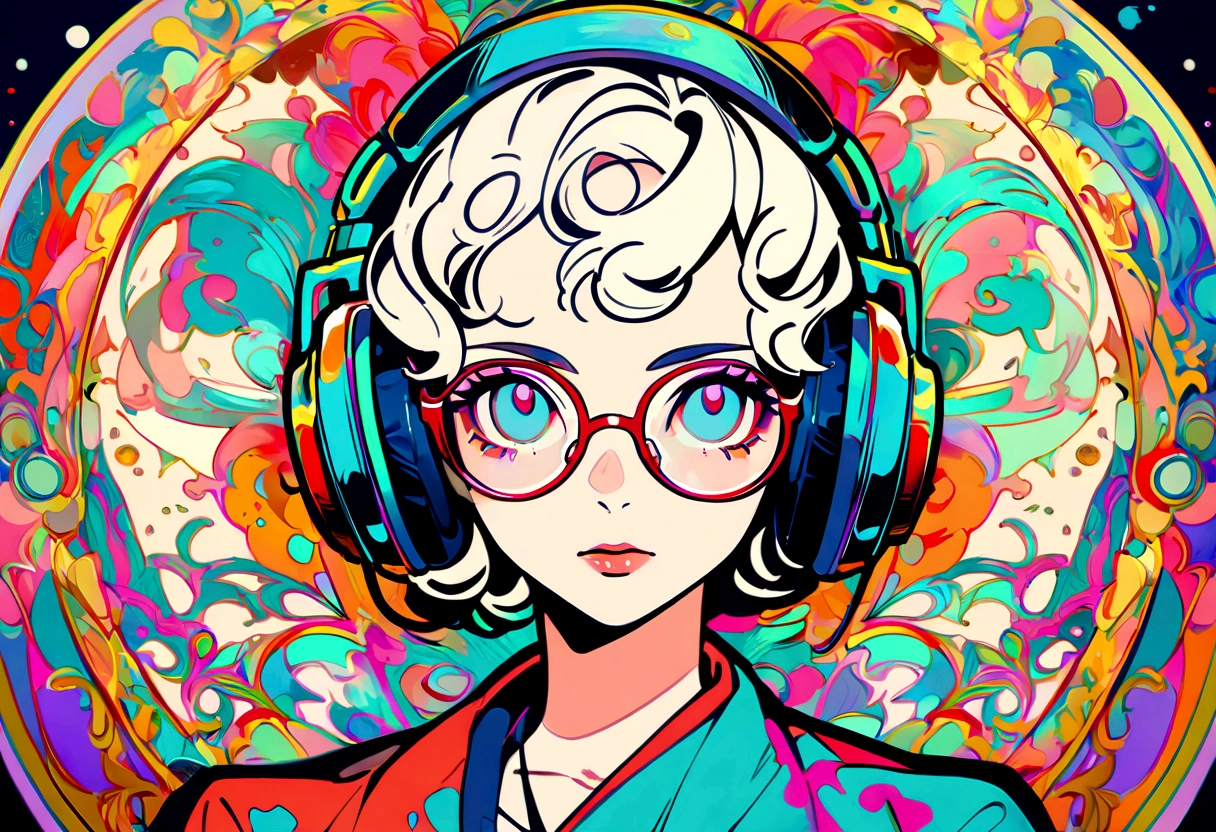 European woman face portrait , Short Curly Hair, (((Under-rim glasses:1.3))), (Headphones:1.3),Floral frame, Decorative panel, Abstract art, Alphonse Mucha (masterpiece, Highest quality, High resolution:1.4), detailed, Intricate details, 4K, Splashes of color, Line art, Fibonacci,