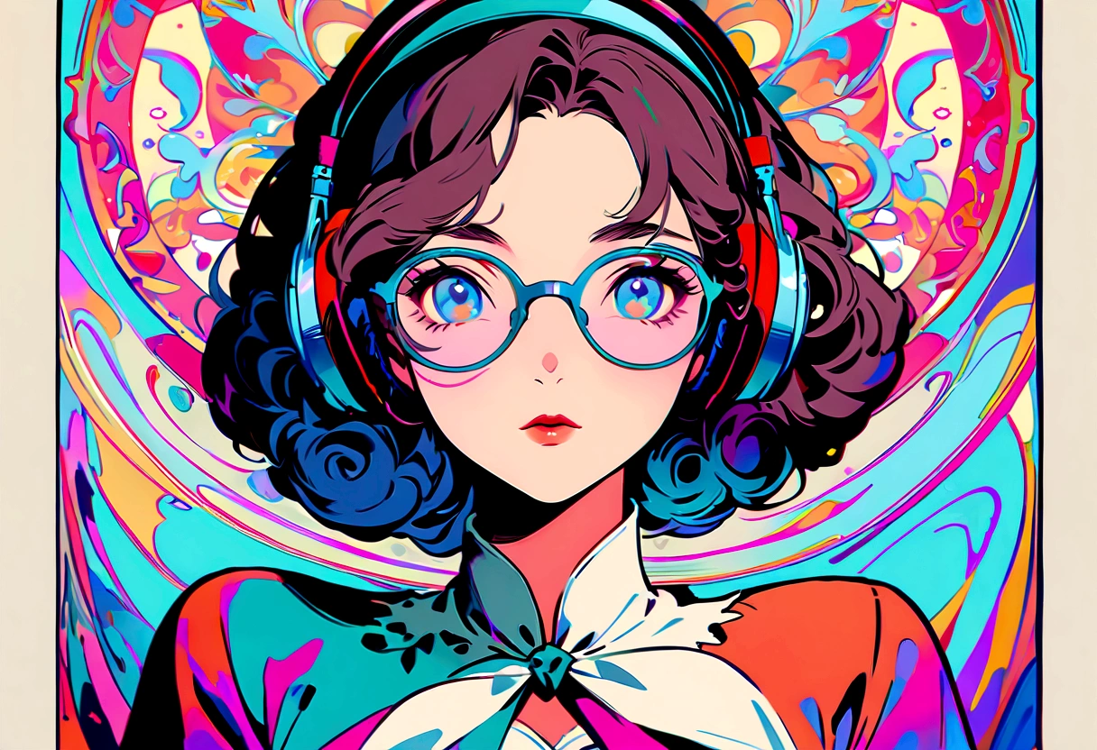 European woman face portrait , Short Curly Hair, (((Under-rim glasses:1.3))), (Headphones:1.3),Floral frame, Decorative panel, Abstract art, Alphonse Mucha (masterpiece, Highest quality, High resolution:1.4), detailed, Intricate details, 4K, Splashes of color, Line art, Fibonacci,