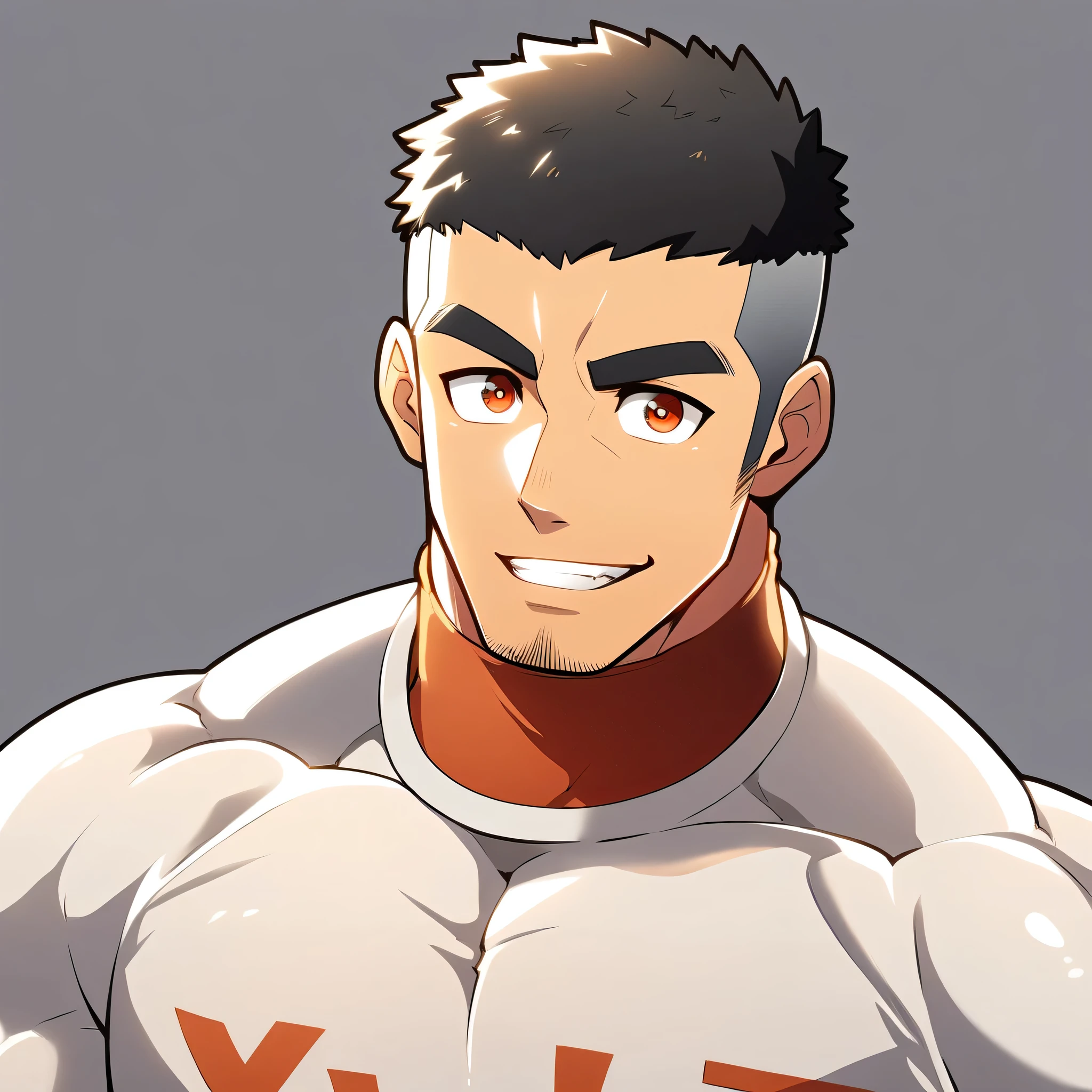 anime characters:Gyee, Muscle Sports Student, Manliness, male focus, Cute boy with big eyes, Brown high collar long sleeve tight T-shirt, Slightly transparent material, Very tight, Round, full and perky chest muscles, Slightly transparent, muscular male, muscular, only, Upper body, alone, Black short hair, Thick eyebrows, stubble, Cute little eyes, Brown-red pupils, Grey background, simple background, amazing quality, best aesthetics, Ridiculous, crew cut, parted lips, seductive smile, torogao, naughty face, drop shadow, best quality