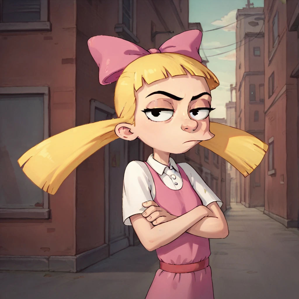 helga, solo, 1girl, blonde hair, floating hair, black eyes, twintails, monobrow, hair bow, pink dress,crossed arms, simple background, looking at viewer, white shirt,outdoors,city, score_9, score_8_up, score_7_up, score_6_up