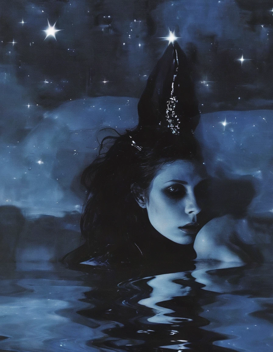 witch in water, stars background