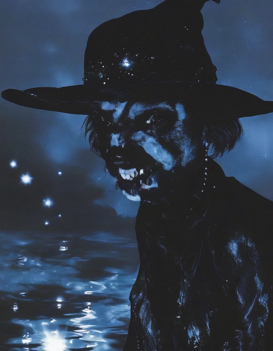witch in water, stars background