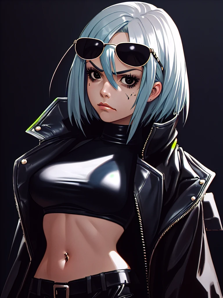 ((Portrait)), She has a Relentless Appearance, with a Strong Build. She Expresses a Serious Look, Frowning, Giving Off a Self-Confident Attitude. She has Black Eyes, Her Hair is Short and Tousled, in Dark Blue Tone, with Strands Falling Around Her Face. She Wears an Oversized, Open Leather Coat, with Sunglasses and a High-Neck Crop Top, Revealing Her Midriff. ((Portrait, HDR, Dark Background)), Masterpiece