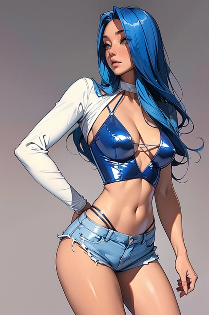 (best quality: 1.2), clean face, (masterpiece: 1.2, 8k) perfect anatomy, 1girl,a beautiful fashion model ,(masterpiece, official art, best quality ,long and shiny hair, blue hair with streaks in hair, long hair, full lips, slender body, slim body big breasts, looking at viewer, revealing outfit, absurdity, intricate details, dynamic pose, club, , wearing short shorts and a tight white top, cleavage, torn clothes, thong straps