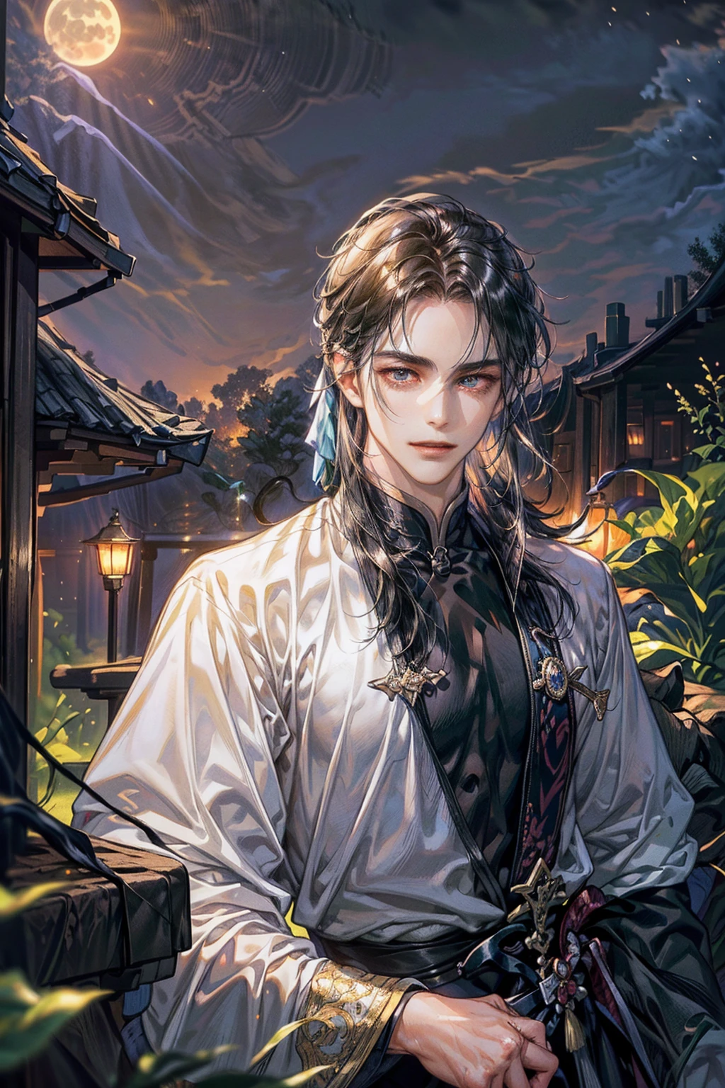 (Best quality,A high resolution,The image is clear:1.2),Ultra detailed backgrounds,A man in black holding a sword，ssmile，the only person，wind blowing through，Garden scene,under moonlight,waterfall man，Romantic atmosphere,Dutch Angle Shot,gentlesoftlighting,Hats，Upper part of the body，Chinese style buildings，samurai pose，Normal hands，