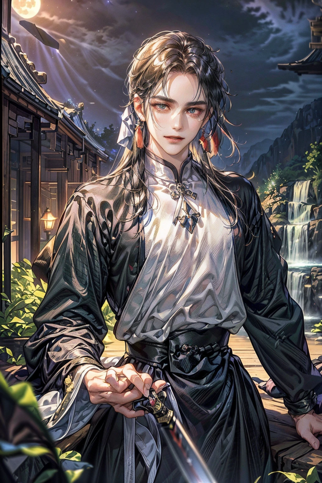 (Best quality,A high resolution,The image is clear:1.2),Ultra detailed backgrounds,A man in black holding a sword，ssmile，the only person，wind blowing through，Garden scene,under moonlight,waterfall man，Romantic atmosphere,Dutch Angle Shot,gentlesoftlighting,Hats，Upper part of the body，Chinese style buildings，samurai pose，Normal hands，