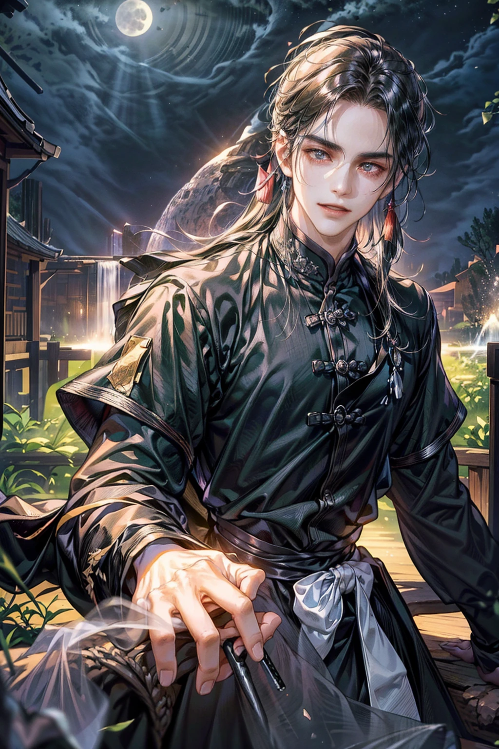 (Best quality,A high resolution,The image is clear:1.2),Ultra detailed backgrounds,A man in black holding a sword，ssmile，the only person，wind blowing through，Garden scene,under moonlight,waterfall man，Romantic atmosphere,Dutch Angle Shot,gentlesoftlighting,Hats，Upper part of the body，Chinese style buildings，samurai pose，Normal hands，