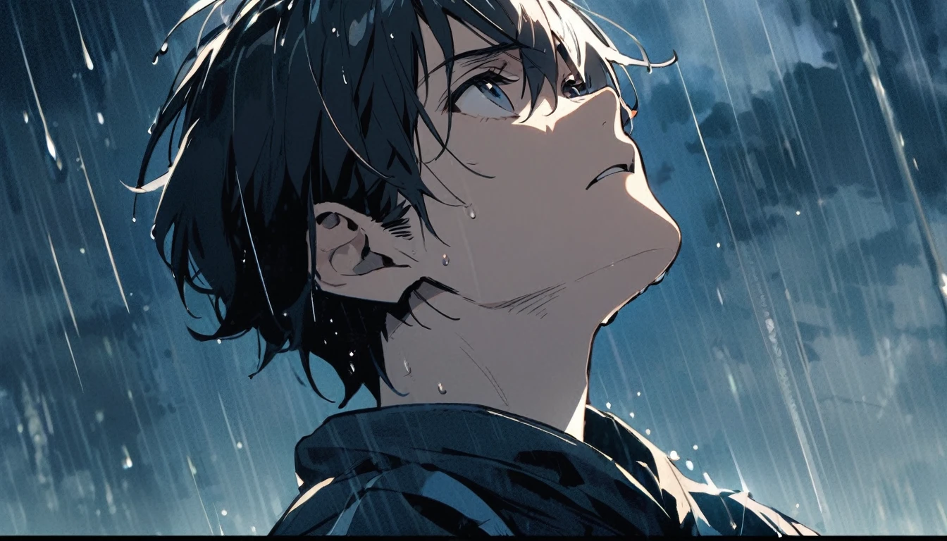 A young man looking sadly up at the sky in the rain