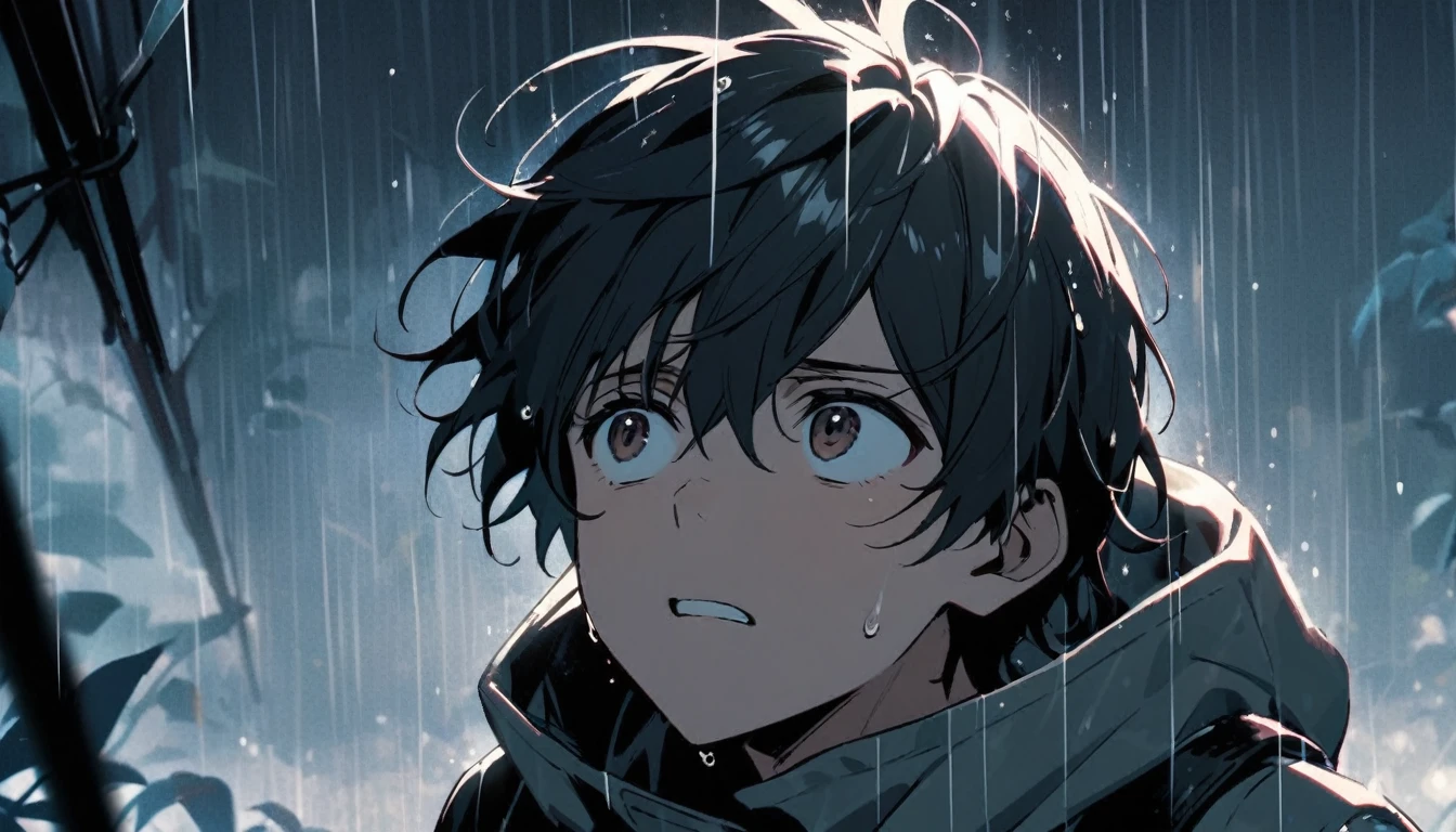 A young man looking sadly up at the sky in the rain